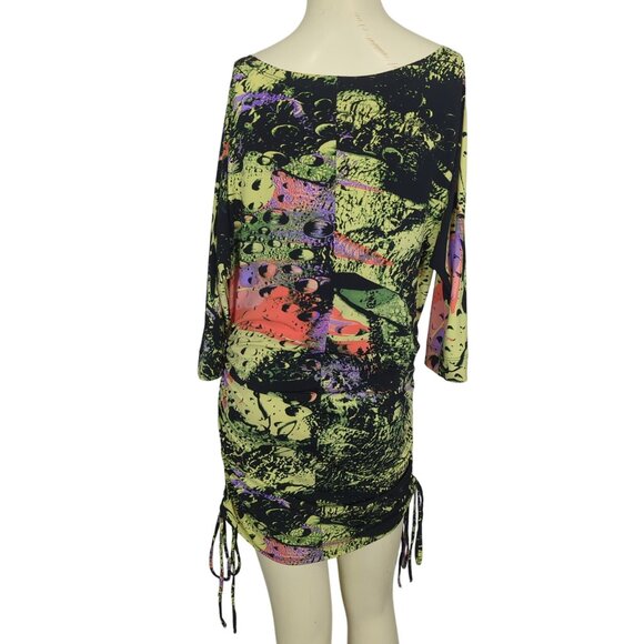 Julian Chang Abstract Art colorful Ruched Drawstring Mini Dress Dolman sleeves M - Picture 5 of 16